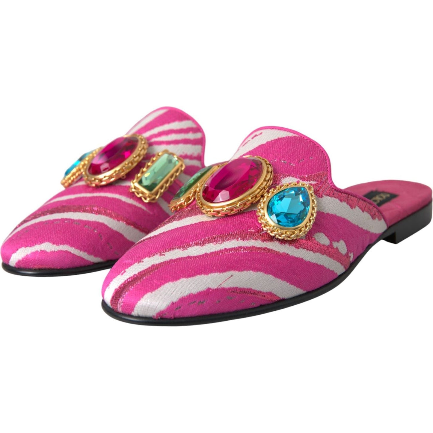 Dolce & Gabbana Pink Jacquard Crystal Mule Flat Sandals Shoes Dolce & Gabbana