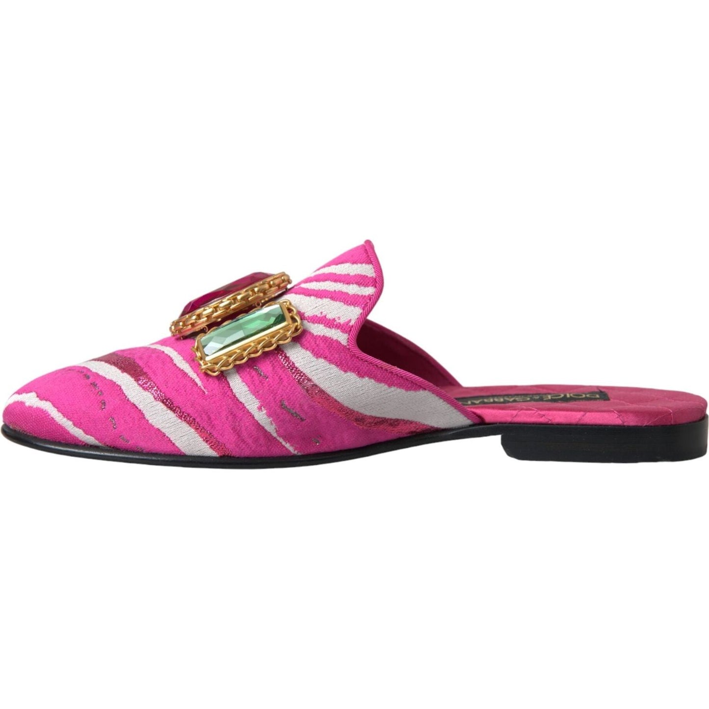 Dolce & Gabbana Pink Jacquard Crystal Mule Flat Sandals Shoes Dolce & Gabbana