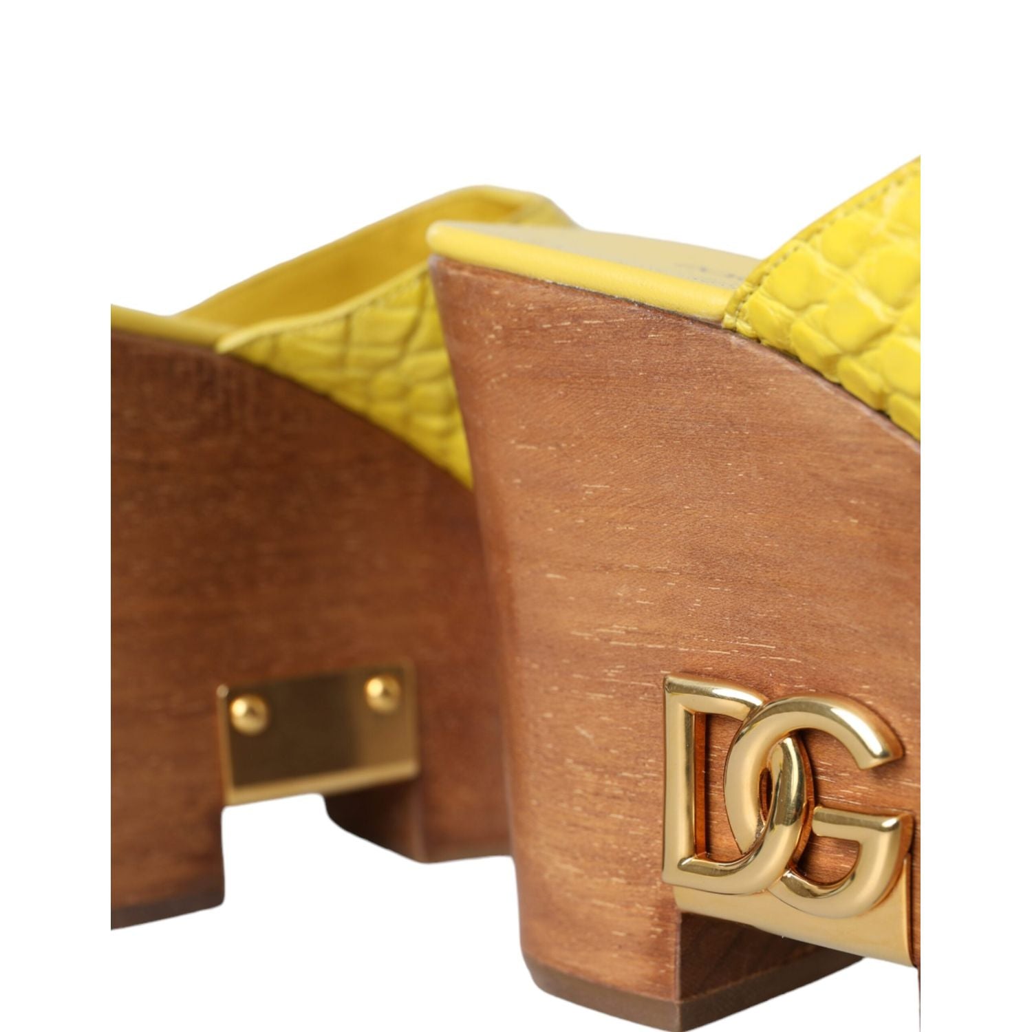Dolce & Gabbana Yellow Leather Wood Mule Wedge Slides Shoes