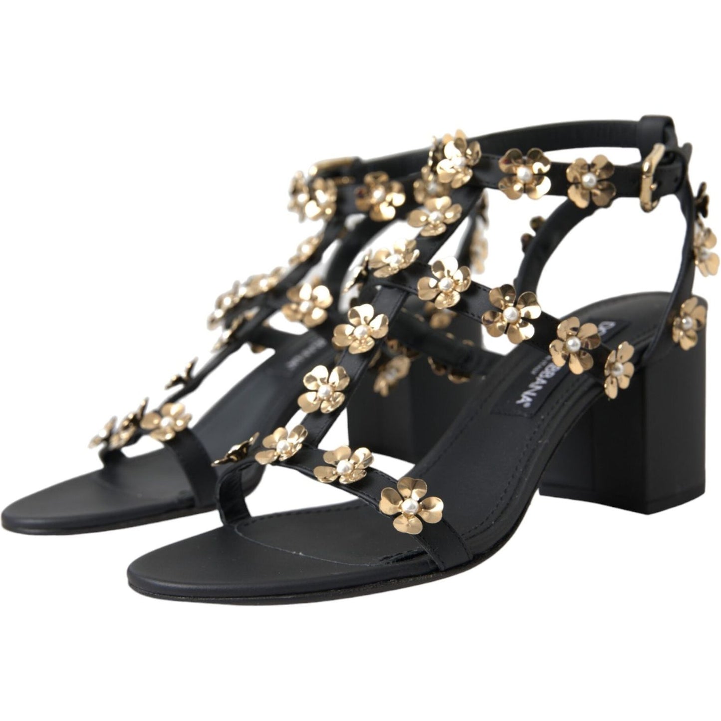 Dolce & Gabbana Black Leather Embellished Heel Sandal Shoes Dolce & Gabbana