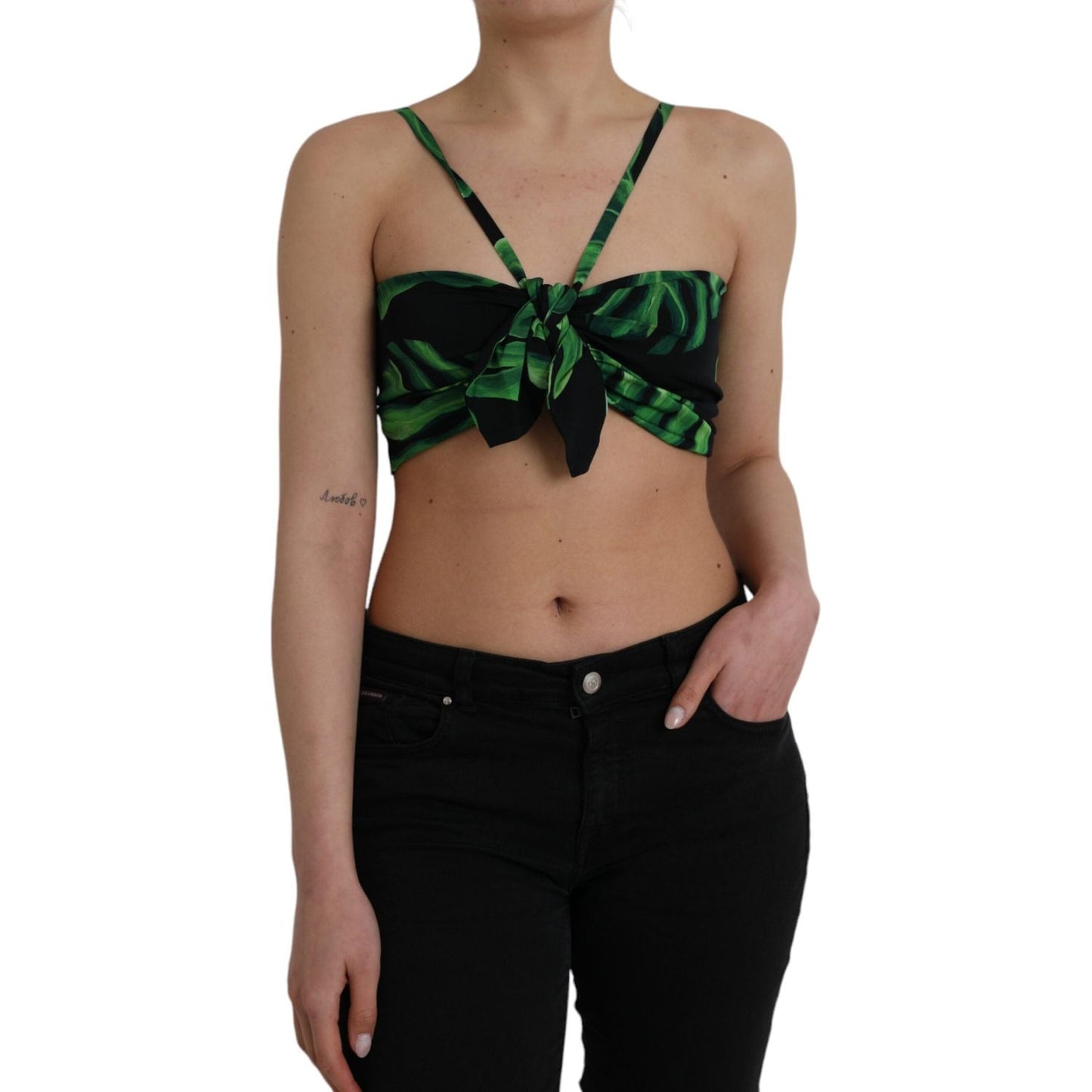 Dolce & Gabbana Black Green Leaf Silk Halter Cropped Top Dolce & Gabbana