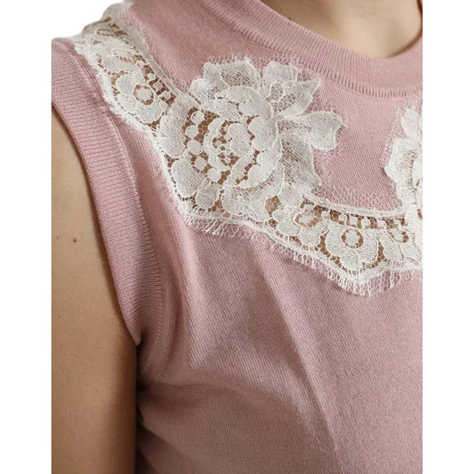 Pink Cashmere Lace Trim Sleeveless Tank Top