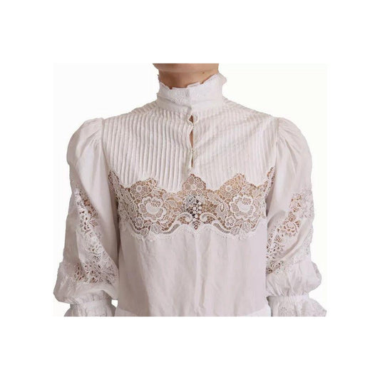 Dolce & Gabbana White Cotton Lace Trim Turtle Neck Blouse Top Dolce & Gabbana