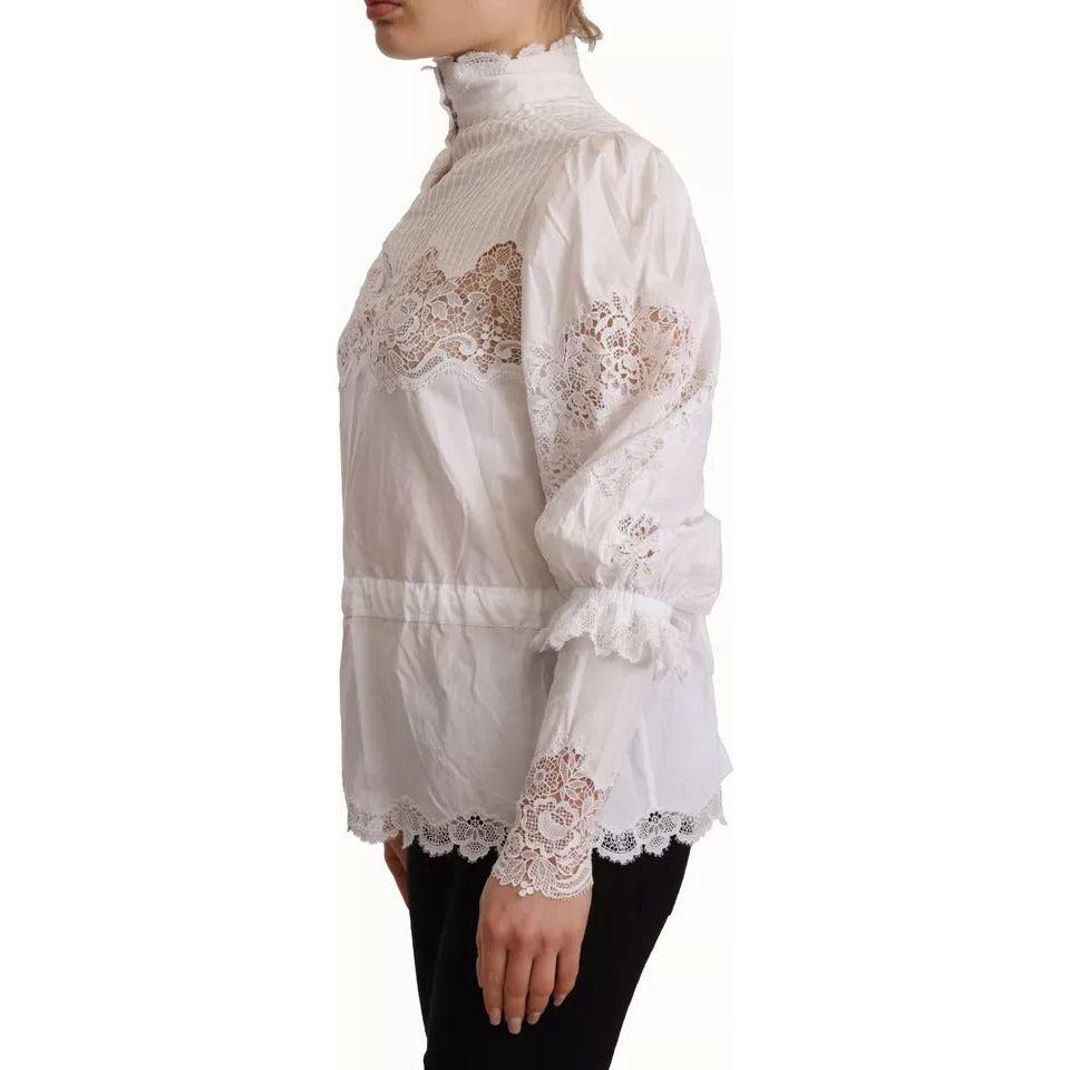 Dolce & Gabbana White Cotton Lace Trim Turtle Neck Blouse Top Dolce & Gabbana