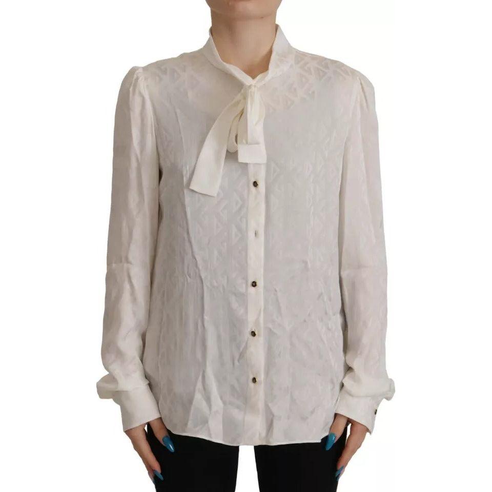 Dolce & Gabbana White Patterned Silk Ascot Collar Blouse Top Dolce & Gabbana