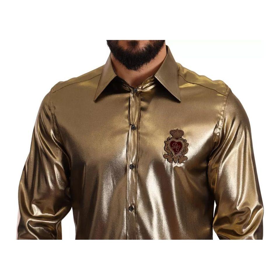 Dolce & Gabbana Metallic Gold DG Embroidered Crown Silk Top Shirt Dolce & Gabbana