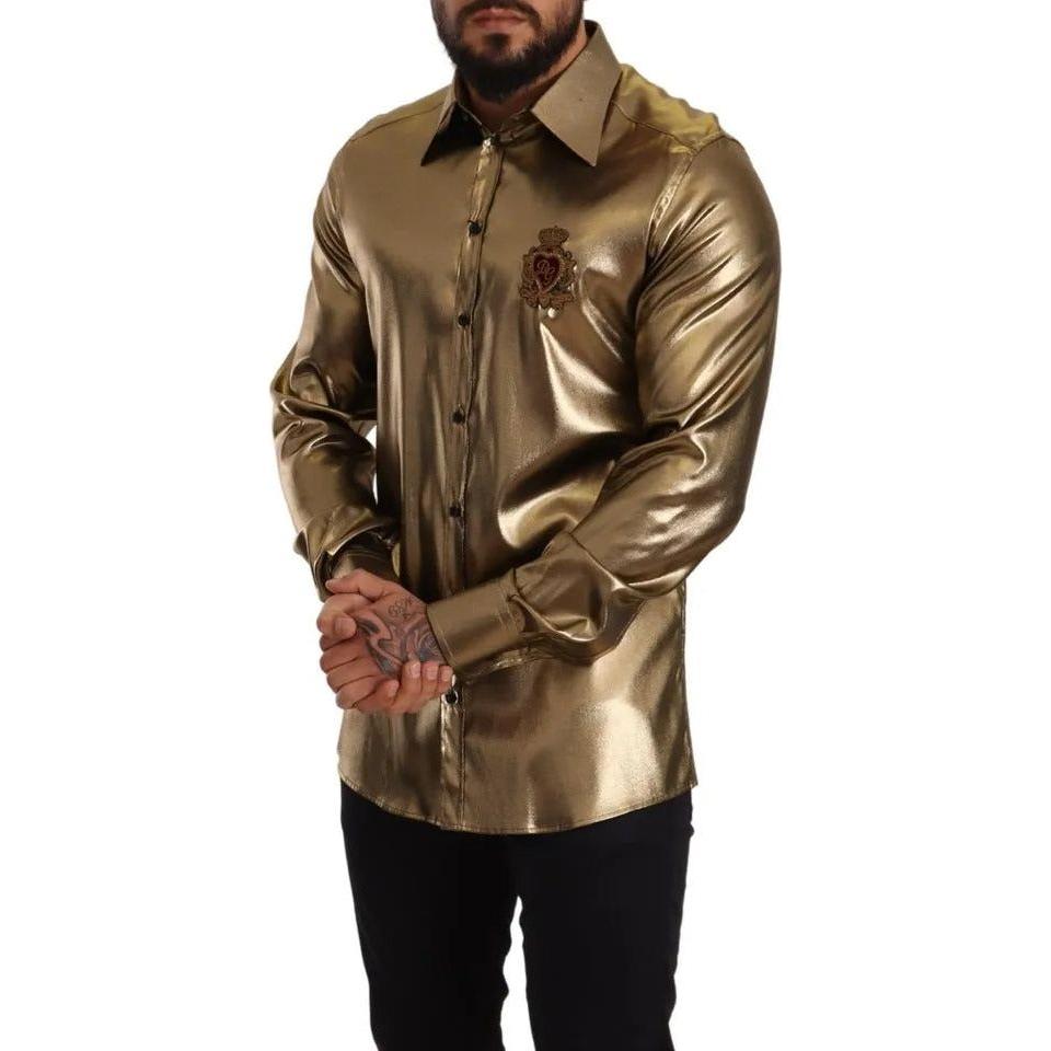 Dolce & Gabbana Metallic Gold DG Embroidered Crown Silk Top Shirt Dolce & Gabbana