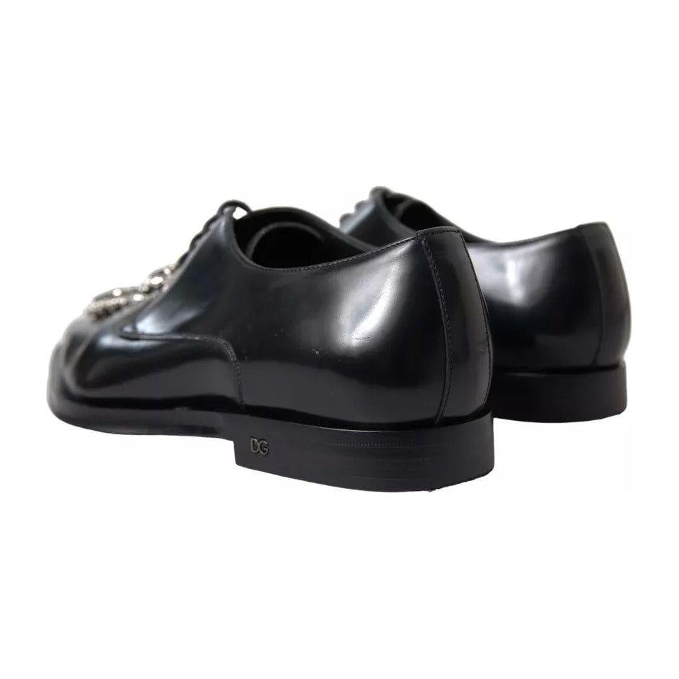 Dolce & Gabbana Black Leather Crystal Lace Up Formal Shoes Dolce & Gabbana