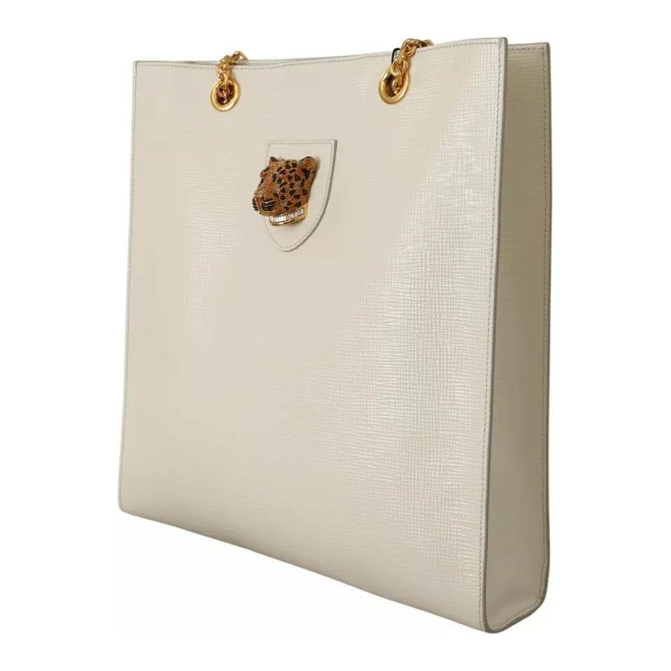 Dolce & Gabbana White Crystal Leopard Head Leather JUNGLE Tote Bag Dolce & Gabbana