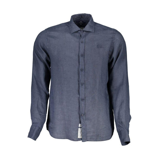 La Martina Blue Linen Men Shirt La Martina