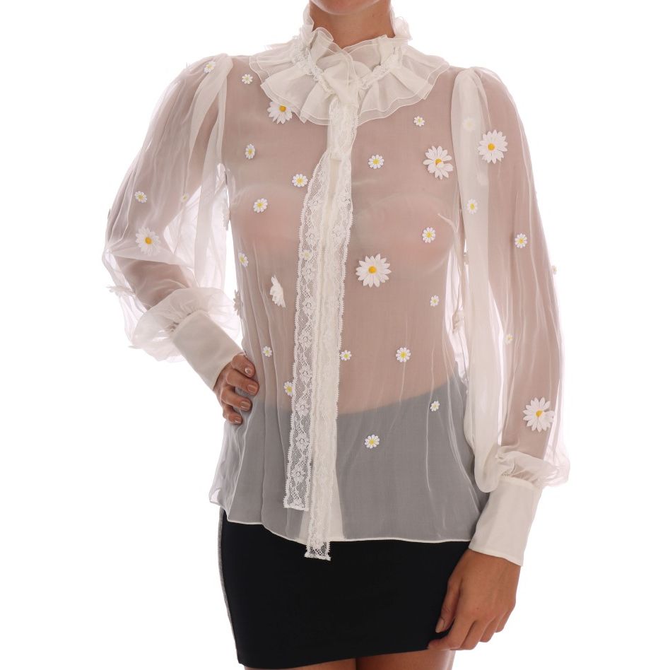 Dolce & Gabbana White Daisy Applique Silk Shirt