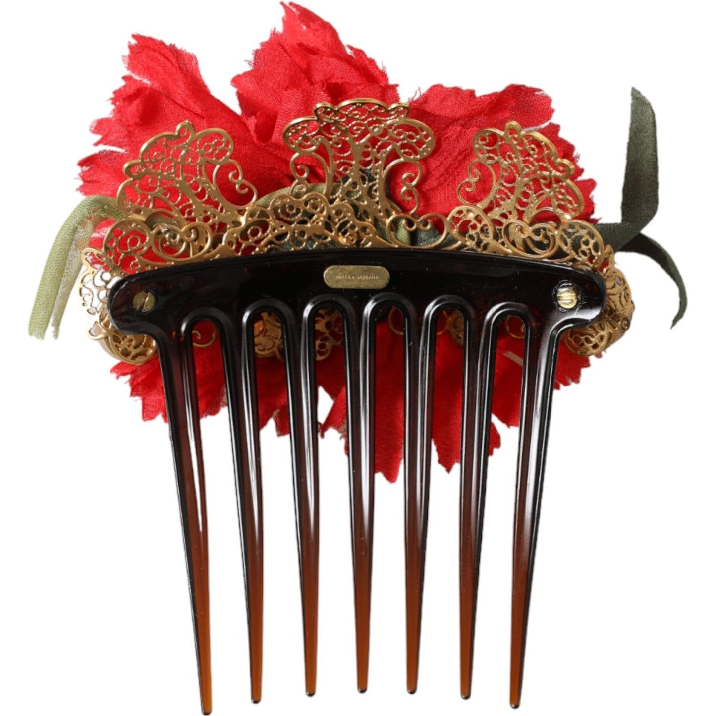 Dolce & Gabbana Red Silk Floral Gold Brass Women Hair Comb FASHION ACCESSORIES Dolce & Gabbana