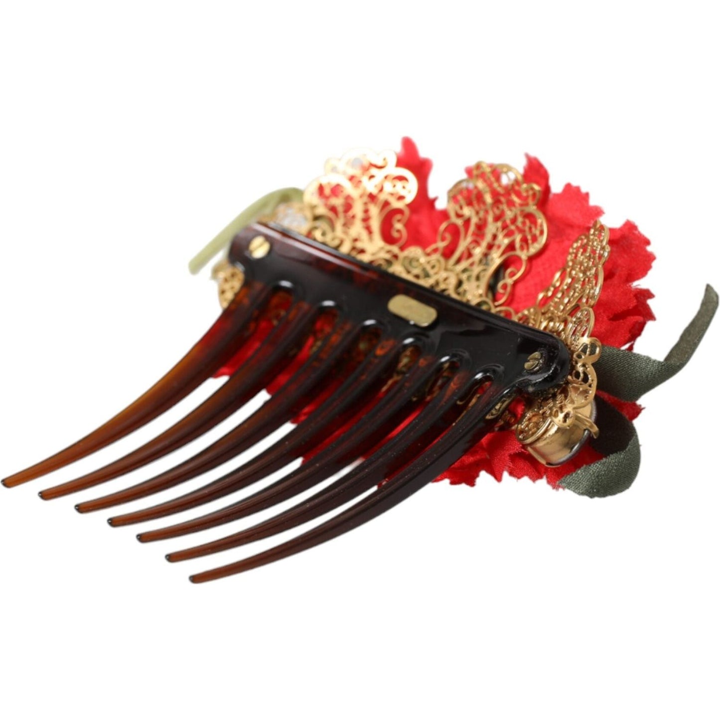 Dolce & Gabbana Red Silk Floral Gold Brass Women Hair Comb FASHION ACCESSORIES Dolce & Gabbana