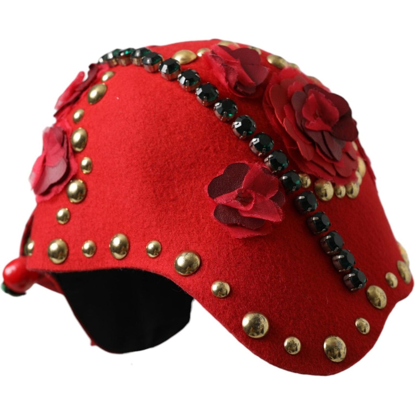 Dolce & Gabbana Red Crystal Gold Roses Brooch Embellished Hat Dolce & Gabbana