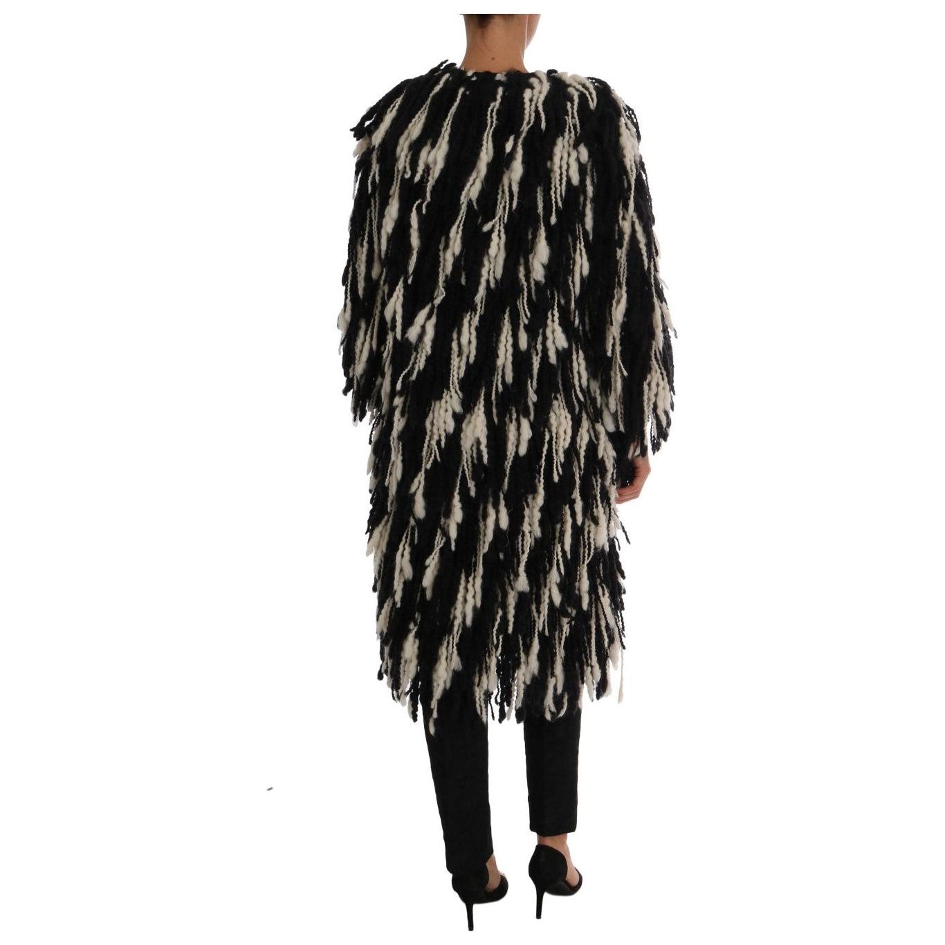 Dolce & Gabbana Black and White Fringed Wool Coat Jacket Coats & Jackets Dolce & Gabbana