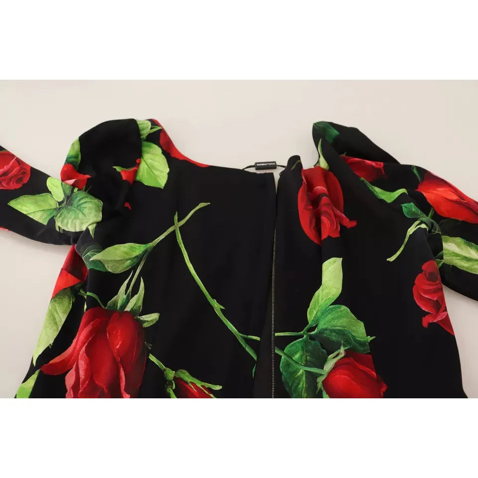 Dolce & Gabbana Black Red Roses Sheath Silk Stretch Dress Dolce & Gabbana