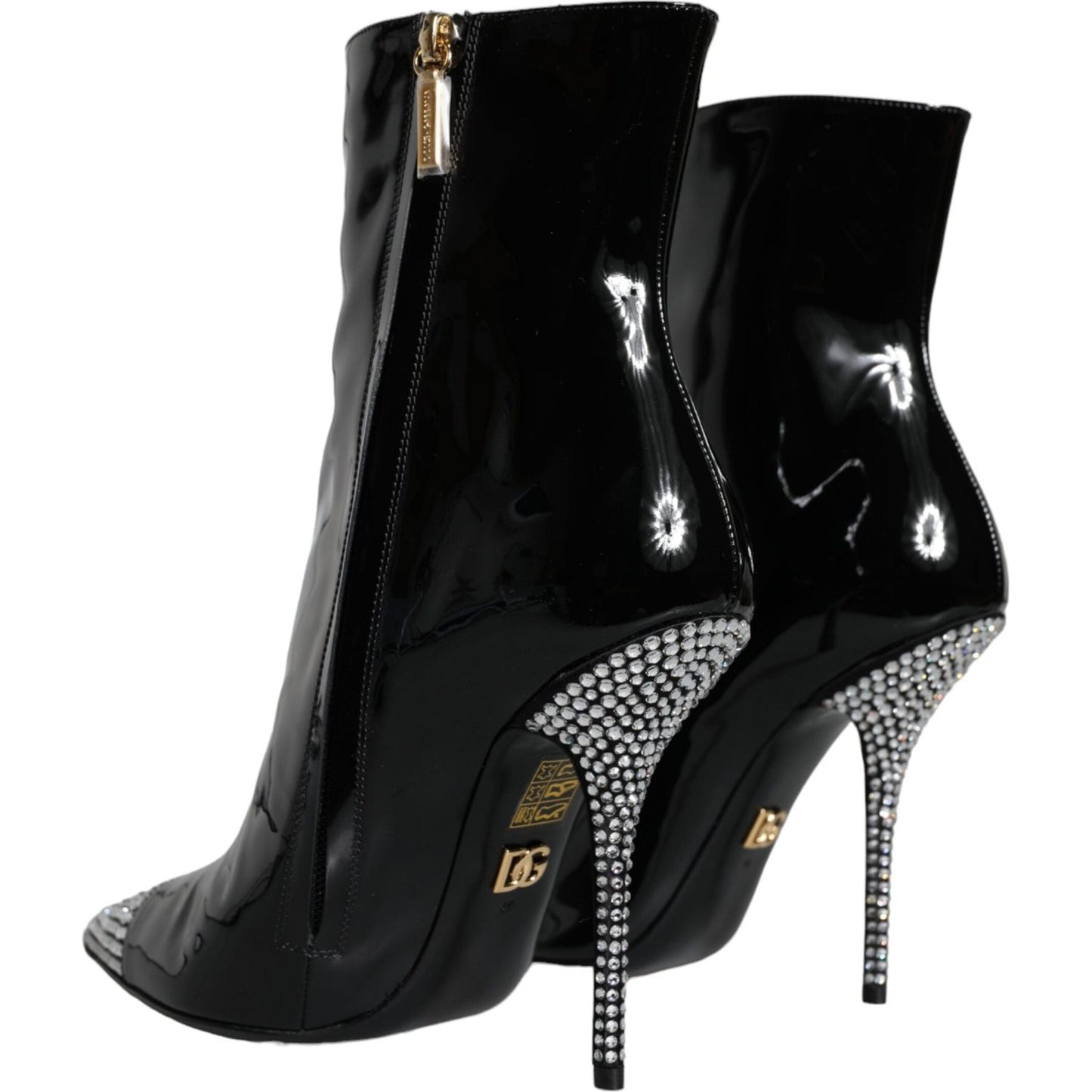 Dolce & Gabbana Black Patent Leather Crystal Heel Boots Shoes