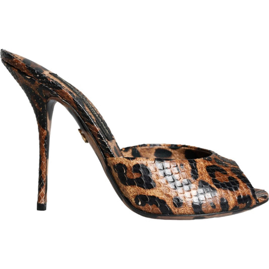 Dolce & Gabbana Brown Leopard Leather Slides Heels Sandals Shoes