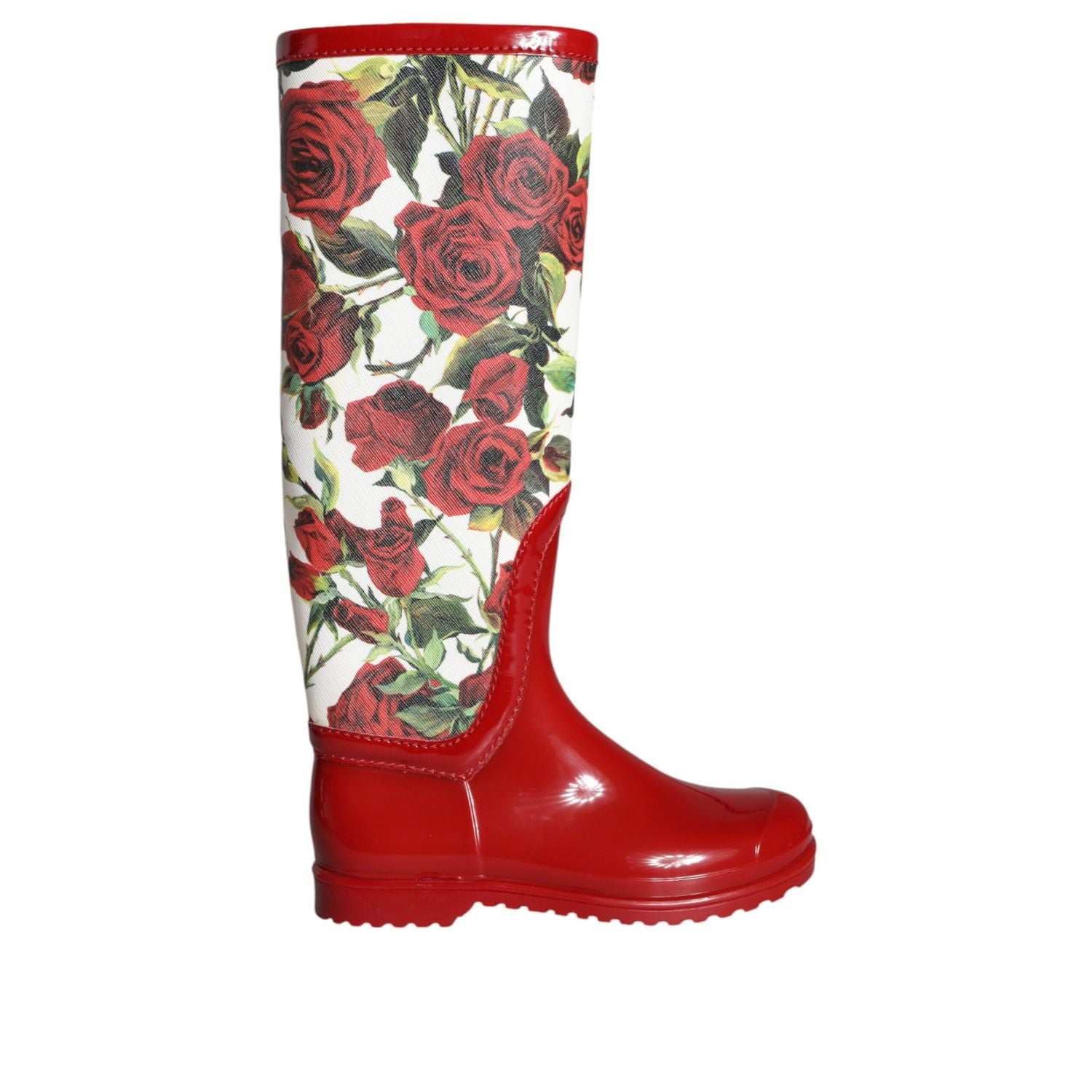 Dolce & Gabbana Red Floral Rubber Knee High Flat Boots Shoes