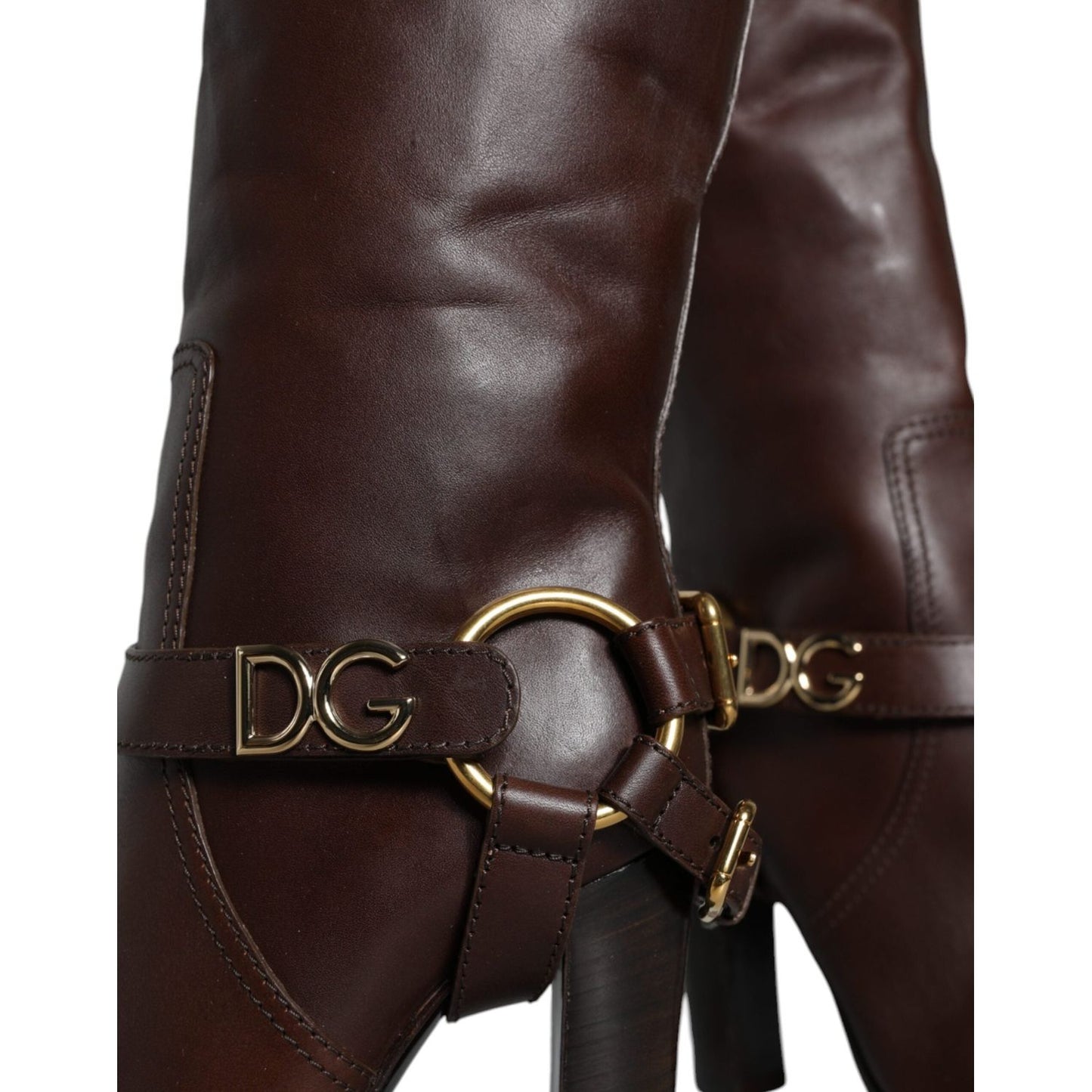 Dolce & Gabbana Brown Leather Gold Tone Logo High Boots Shoes