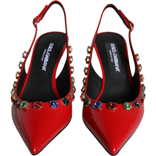 Dolce & Gabbana Red Leather Crystal Heels Slingback Shoes Dolce & Gabbana