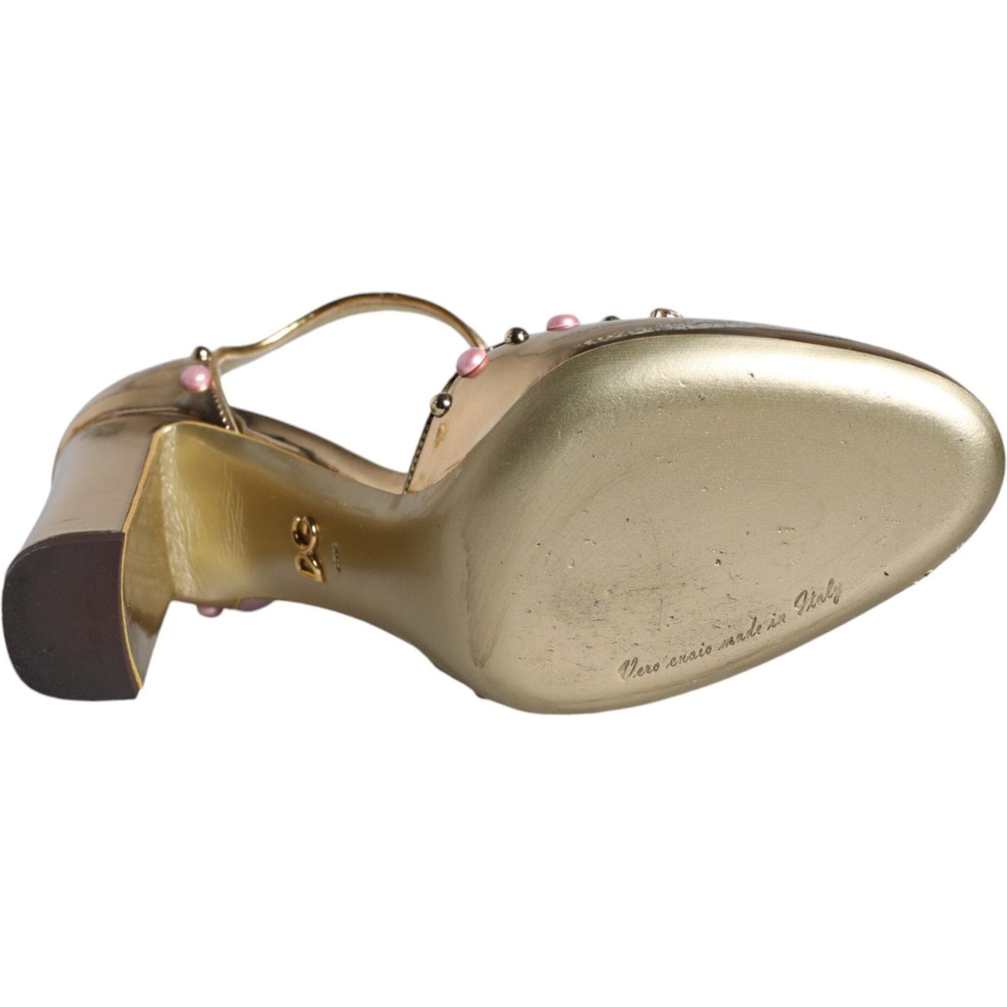 Dolce & Gabbana Gold Embellished Leather T-strap Heels Shoes Dolce & Gabbana