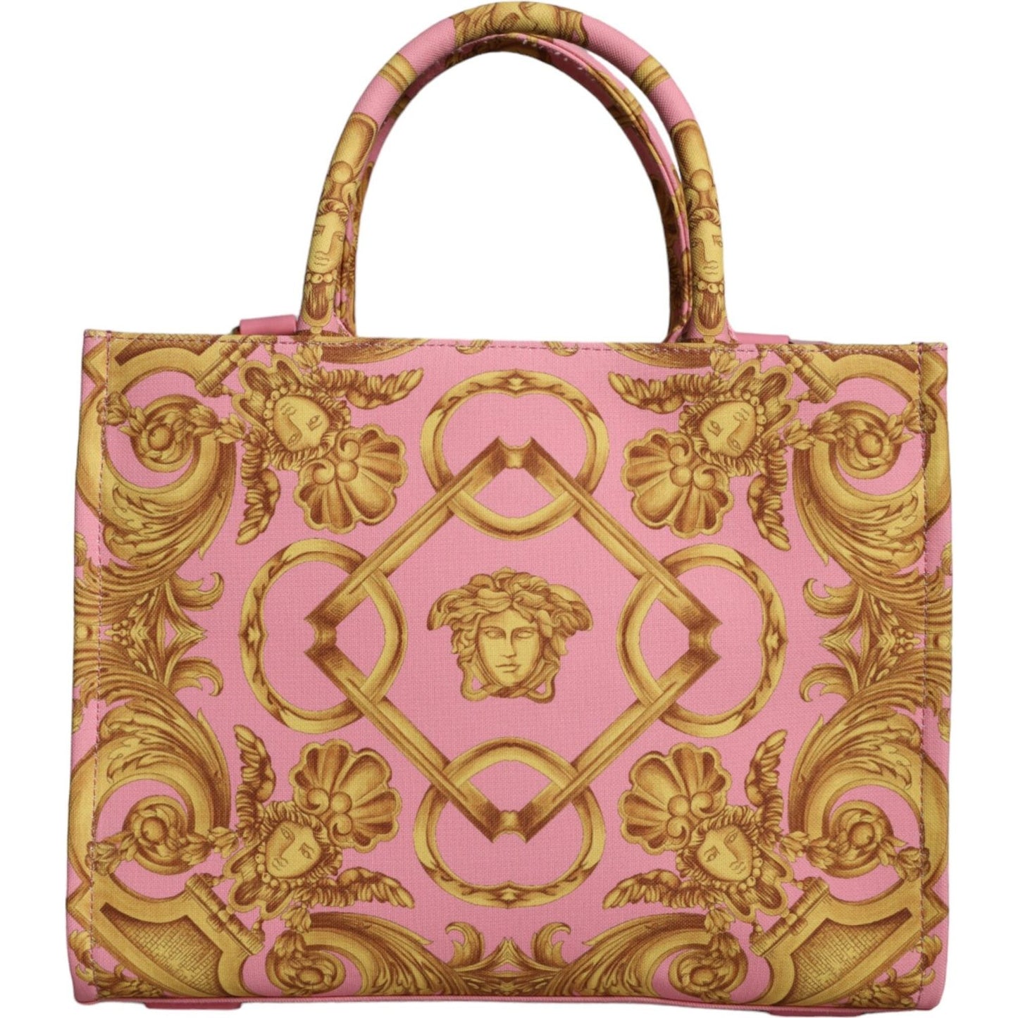 Versace Pink Yellow Baroque Fabric Leather Shopping Tote Bag Versace