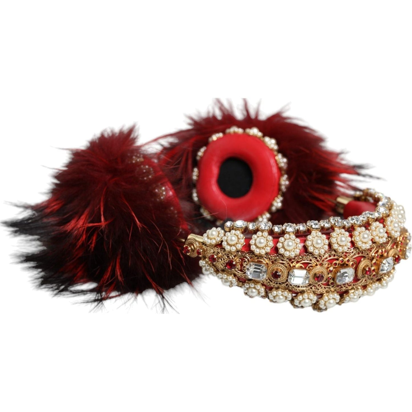 Dolce & Gabbana Red Gold Crystal Fur Headset Audio AUX Headphones Dolce & Gabbana