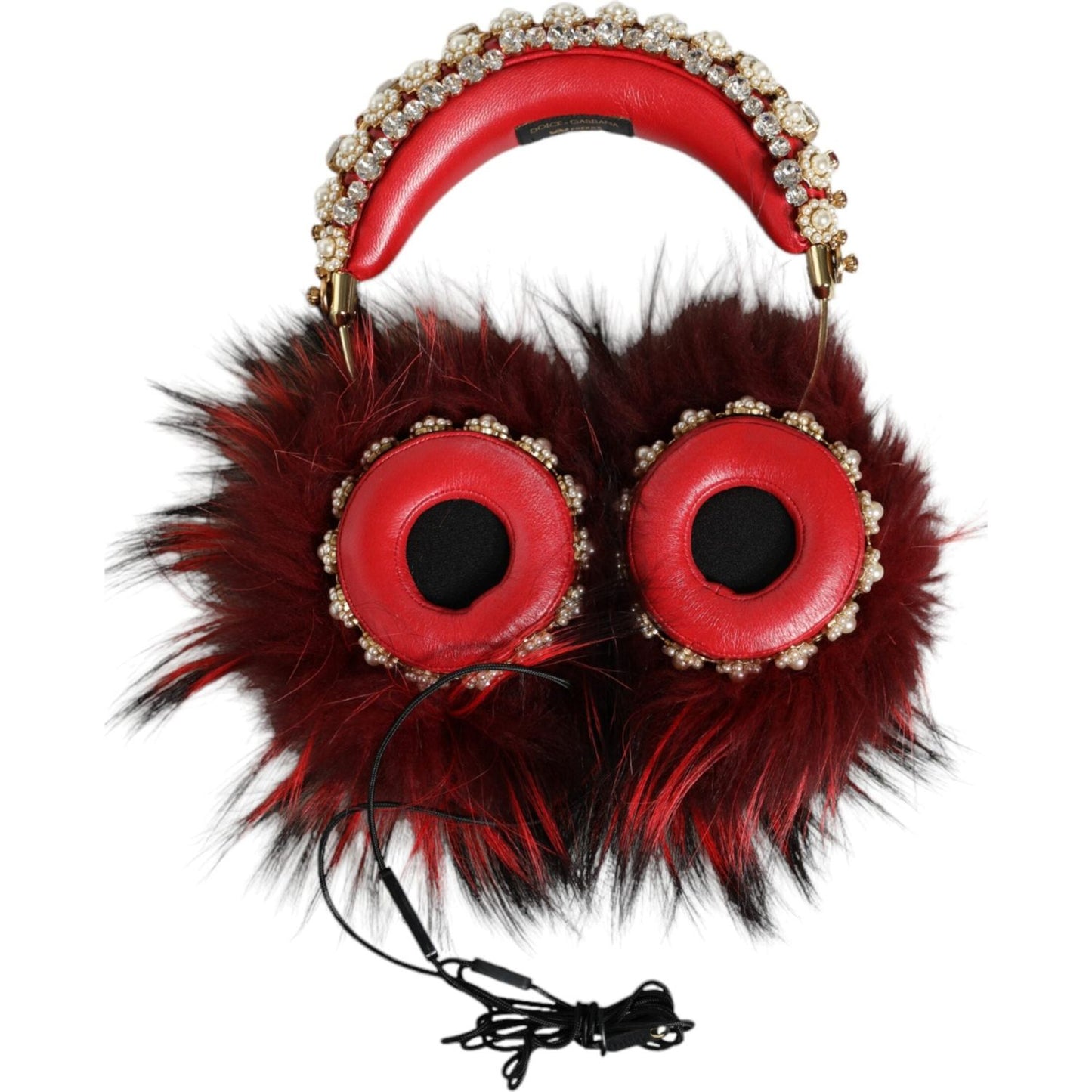 Dolce & Gabbana Red Gold Crystal Fur Headset Audio AUX Headphones Dolce & Gabbana