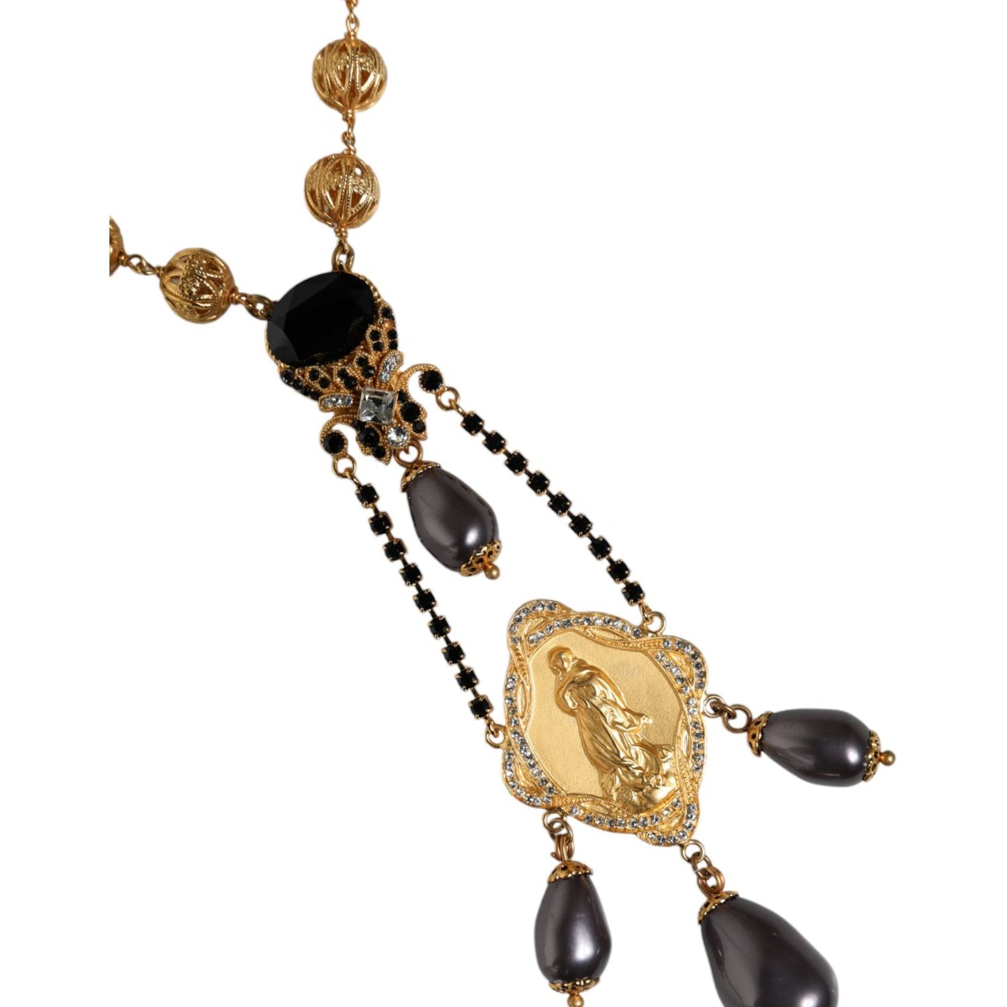 Dolce & Gabbana Gold Chain Brass Black Beaded Rosary Style Necklace Necklace Dolce & Gabbana