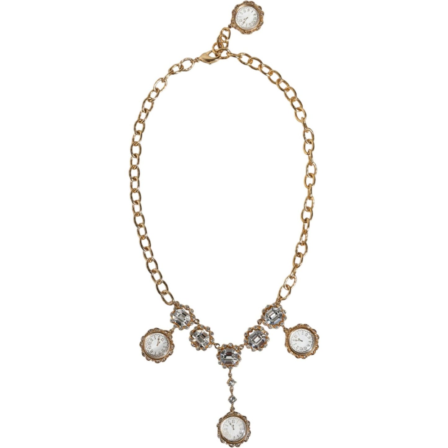 Dolce & Gabbana Gold Chain Brass Crystal Clock Statement Necklace Necklace Dolce & Gabbana