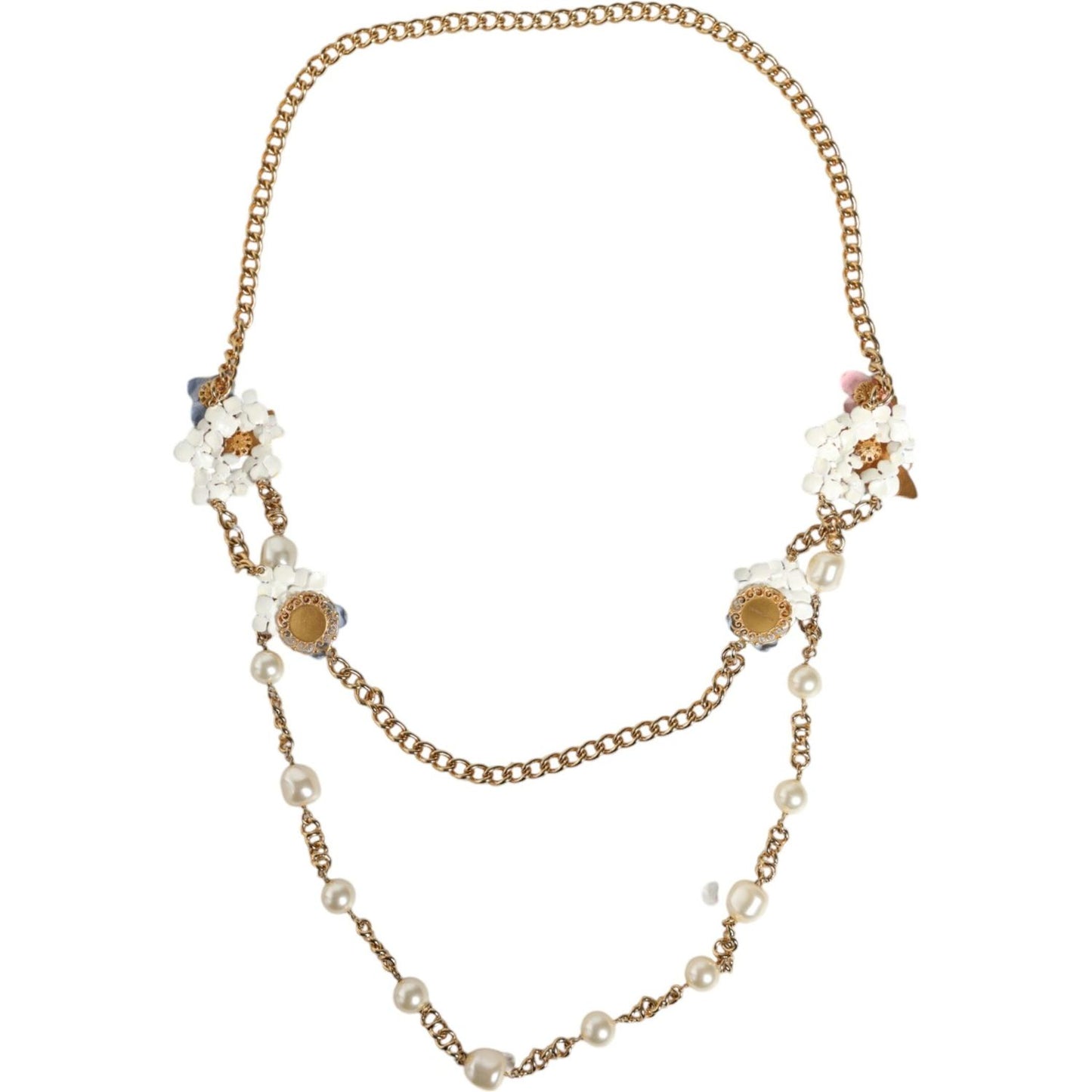 Dolce & Gabbana Gold Chain Brass Floral Layered Crystal Pearl Necklace Necklace Dolce & Gabbana