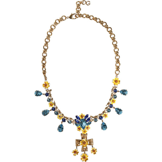 Dolce & Gabbana Gold Brass Chain Floral Crystal Cross Pendant Necklace Necklace Dolce & Gabbana