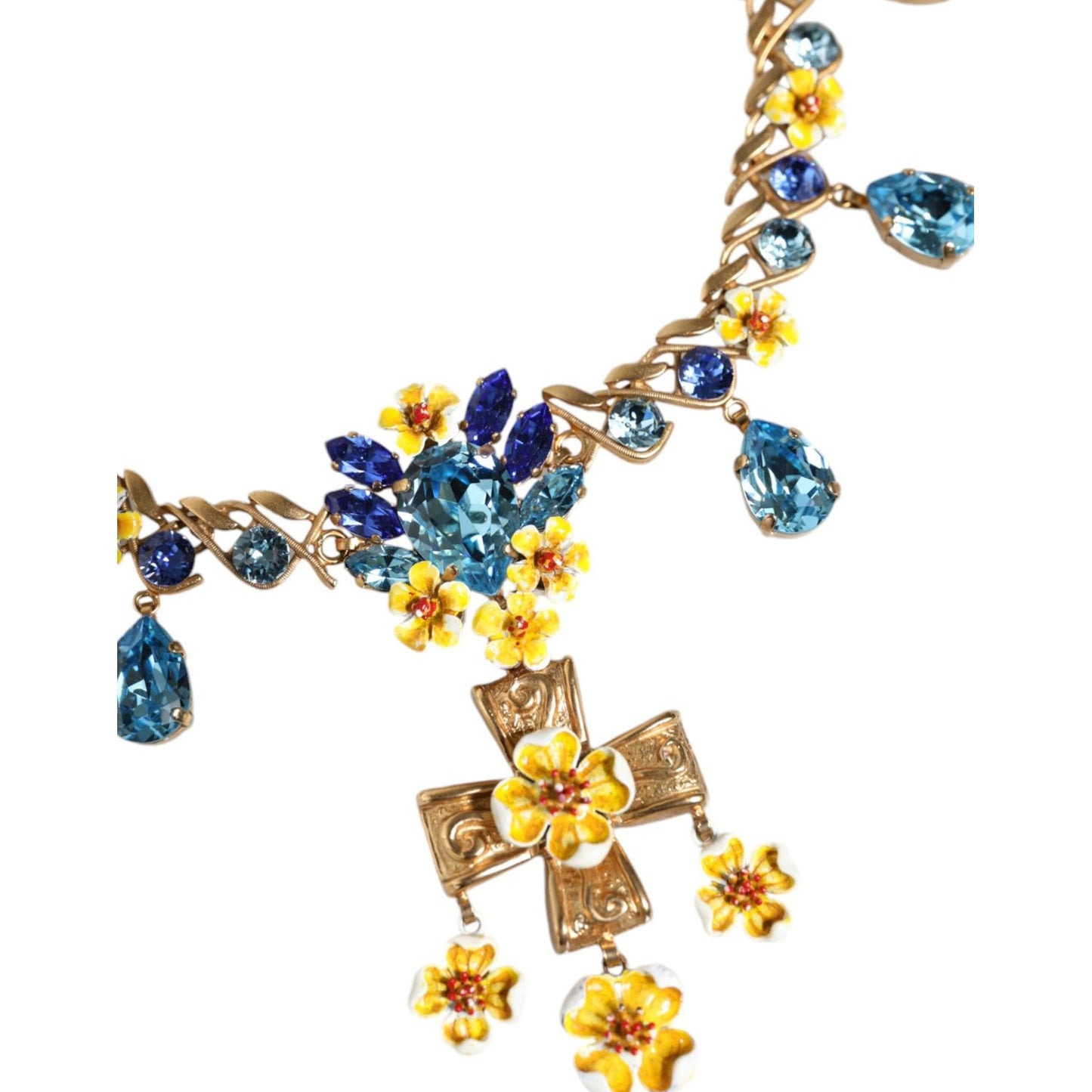 Dolce & Gabbana Gold Brass Chain Floral Crystal Cross Pendant Necklace Necklace Dolce & Gabbana