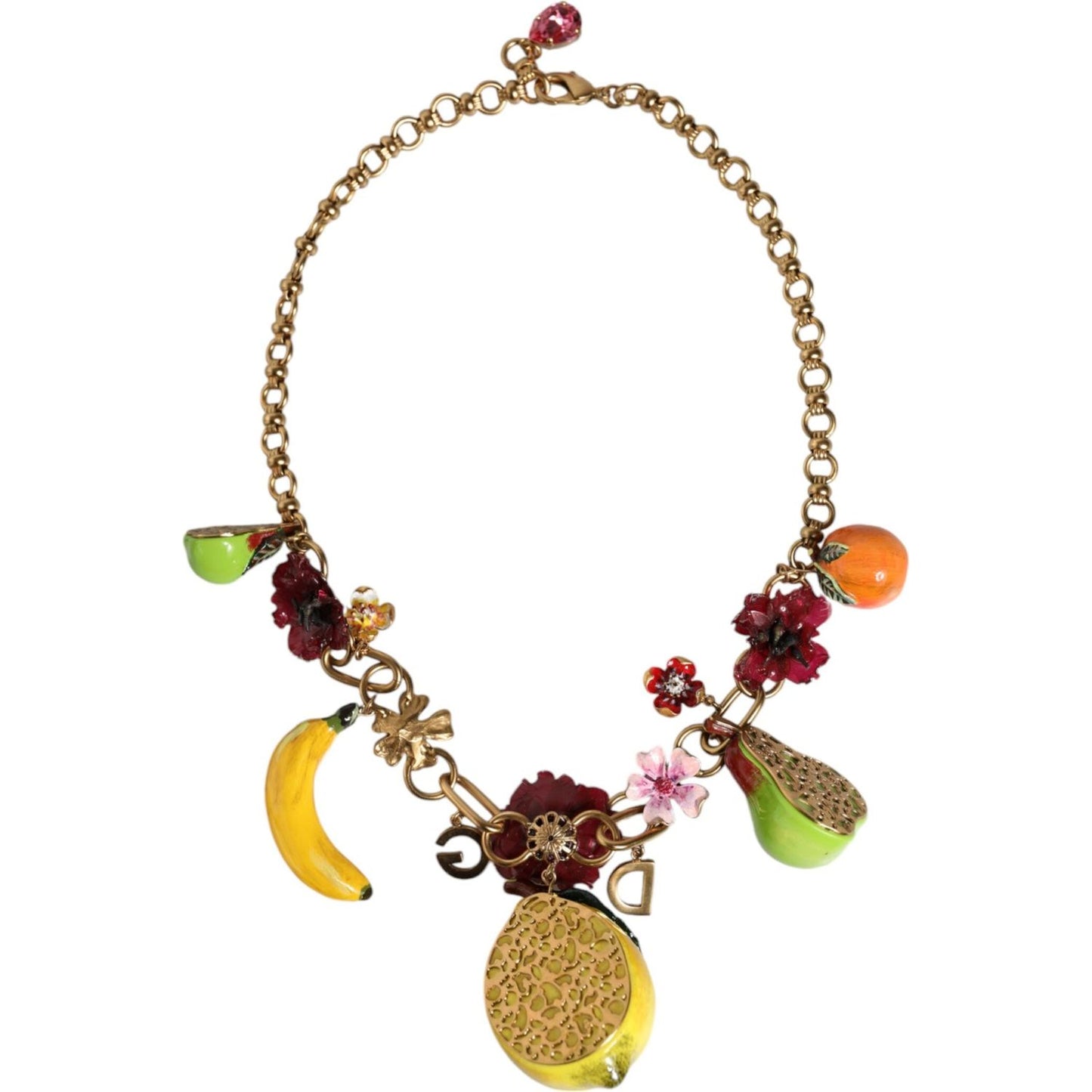 Dolce & Gabbana Gold Brass FRUIT Pendants Flowers Crystal Logo Necklace Necklace Dolce & Gabbana