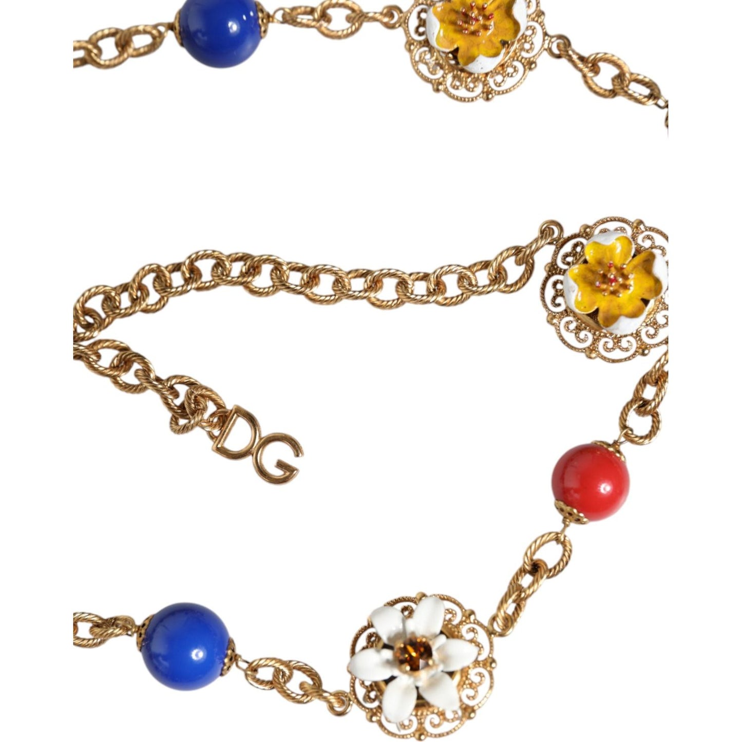 Dolce & Gabbana Gold Tone Brass Chain Floral Crystal Beaded Necklace Necklace Dolce & Gabbana