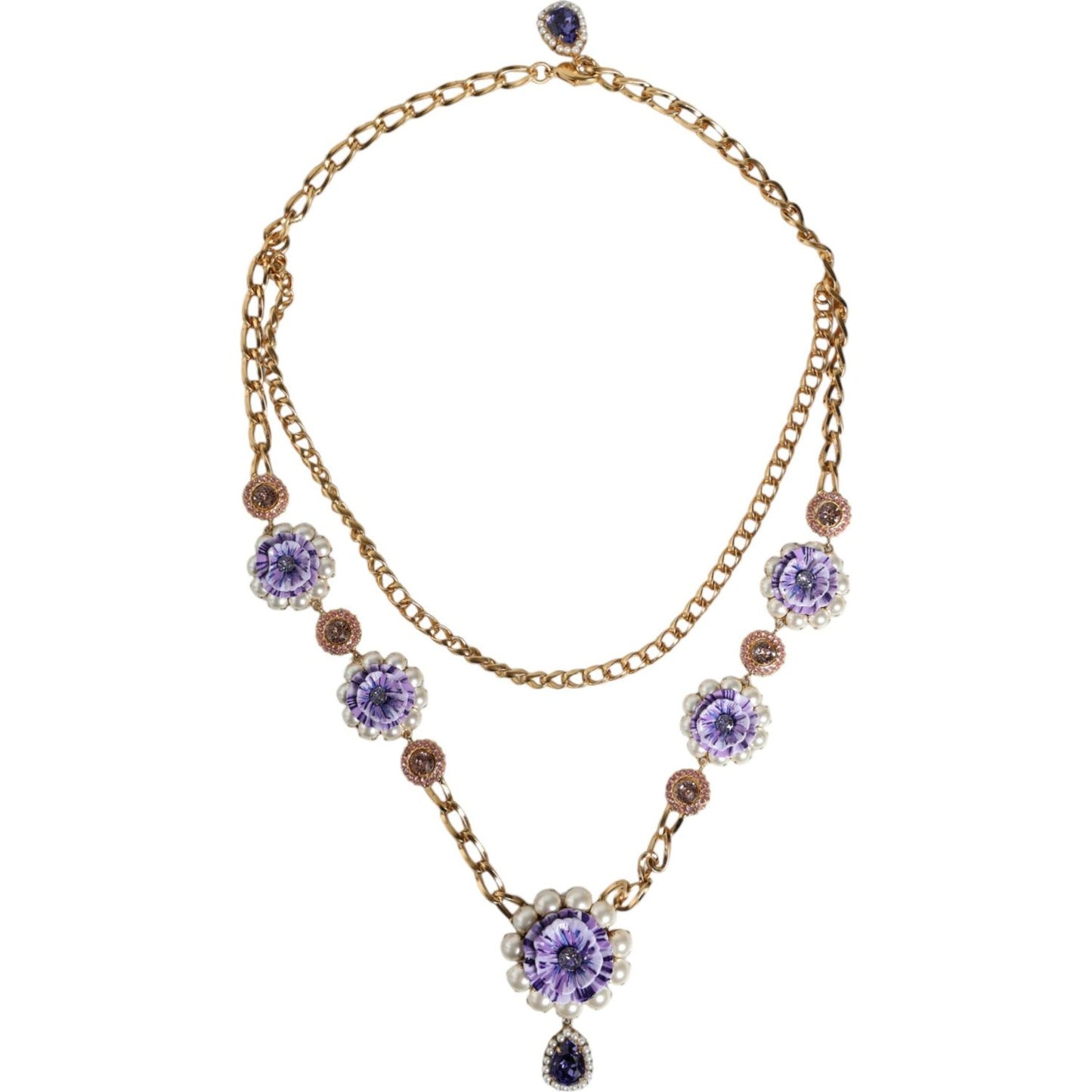 Dolce & Gabbana Gold Tone Floral Crystals Embellished Layered Necklace Necklace Dolce & Gabbana