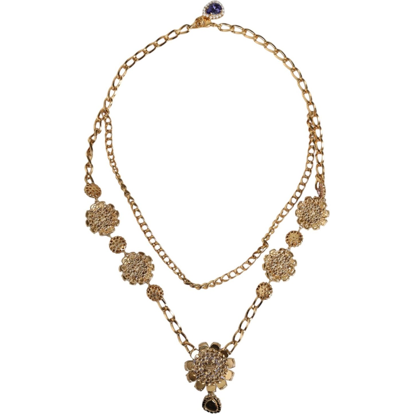 Dolce & Gabbana Gold Tone Floral Crystals Embellished Layered Necklace Necklace Dolce & Gabbana