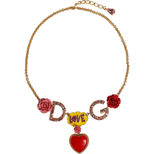 Dolce & Gabbana Gold Chain DG Logo Rose Love Crystal Charm Necklace Necklace Dolce & Gabbana