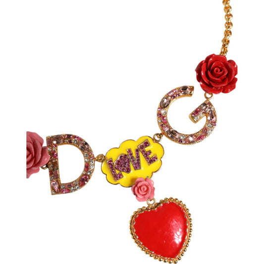 Dolce & Gabbana Gold Chain DG Logo Rose Love Crystal Charm Necklace Necklace Dolce & Gabbana