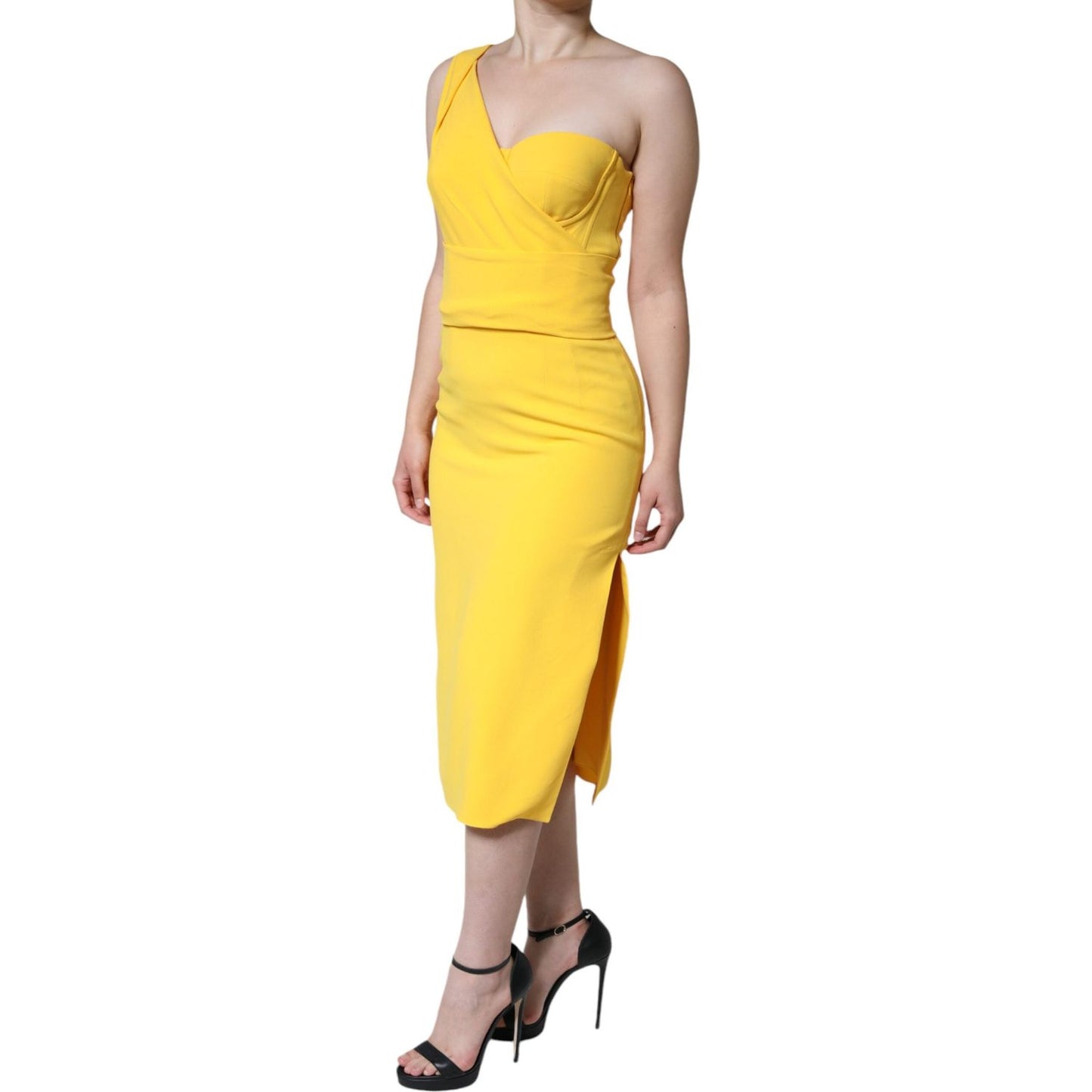 Dolce & Gabbana Yellow One Shoulder Side Slit Midi Dress Dolce & Gabbana