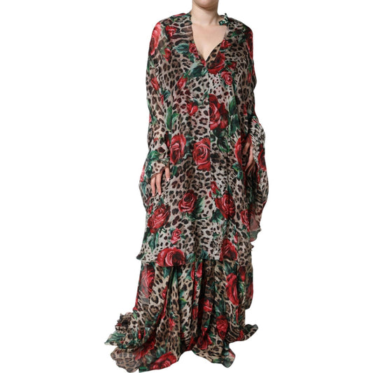 Dolce & Gabbana Brown Leopard Red Roses Silk Long Gown Dress Dolce & Gabbana Dark Slate Gray