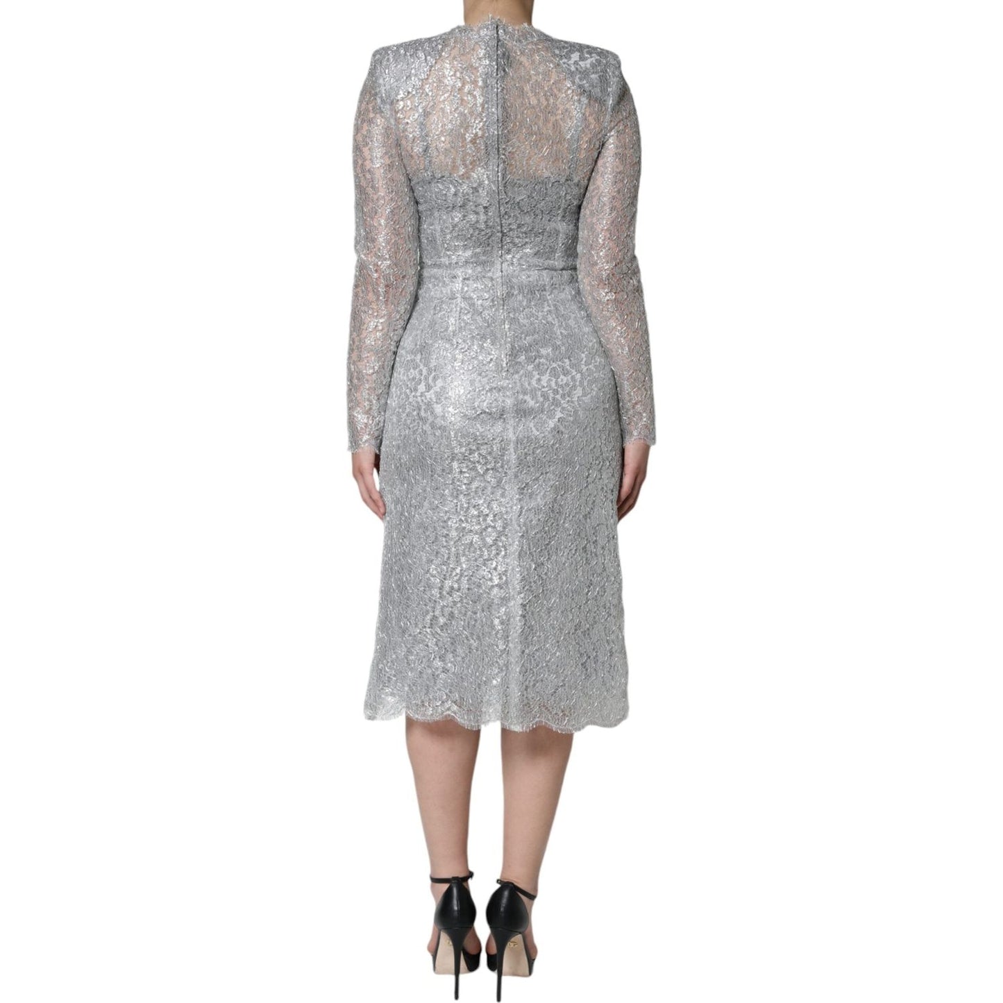 Dolce & Gabbana Silver Floral Lace Bodycon Sheath Midi Dress Dolce & Gabbana