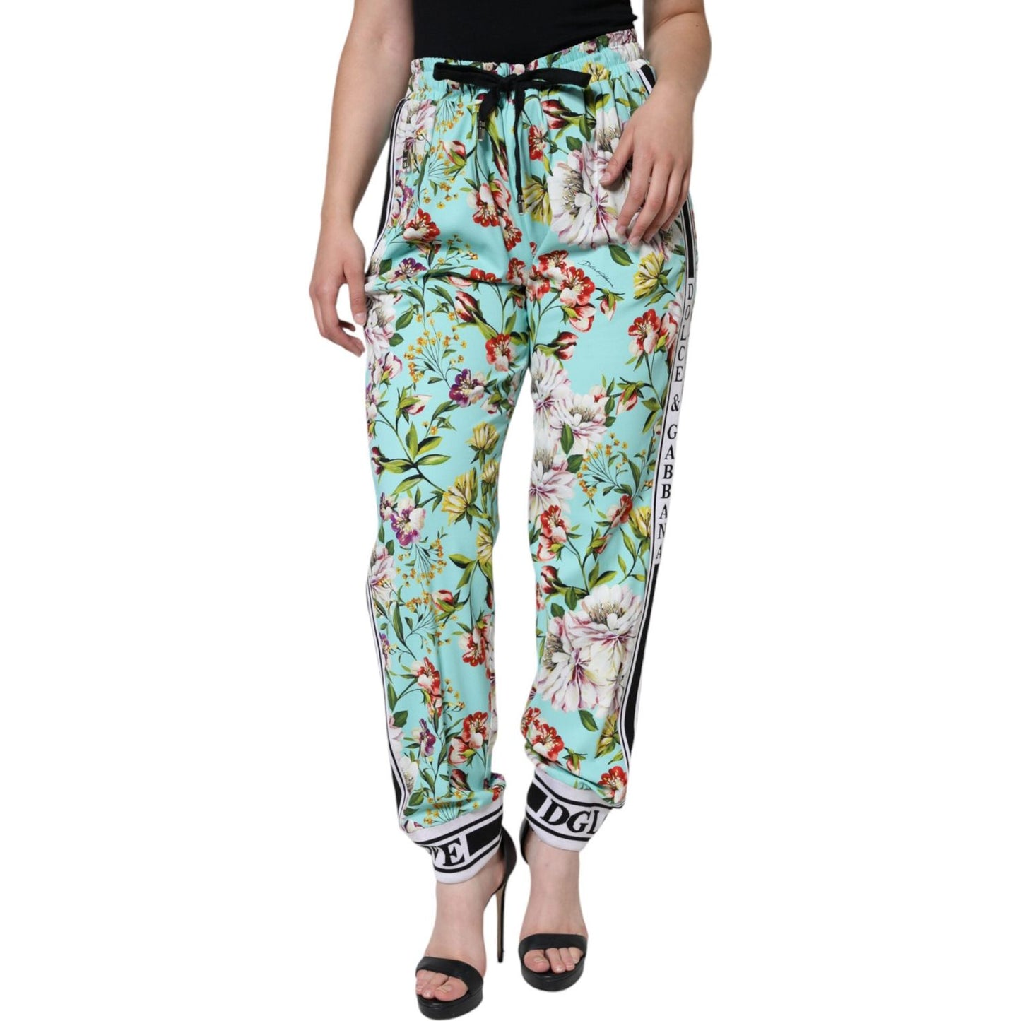 Dolce & Gabbana Green Floral Mid Waist Jogger Women Pants Dolce & Gabbana