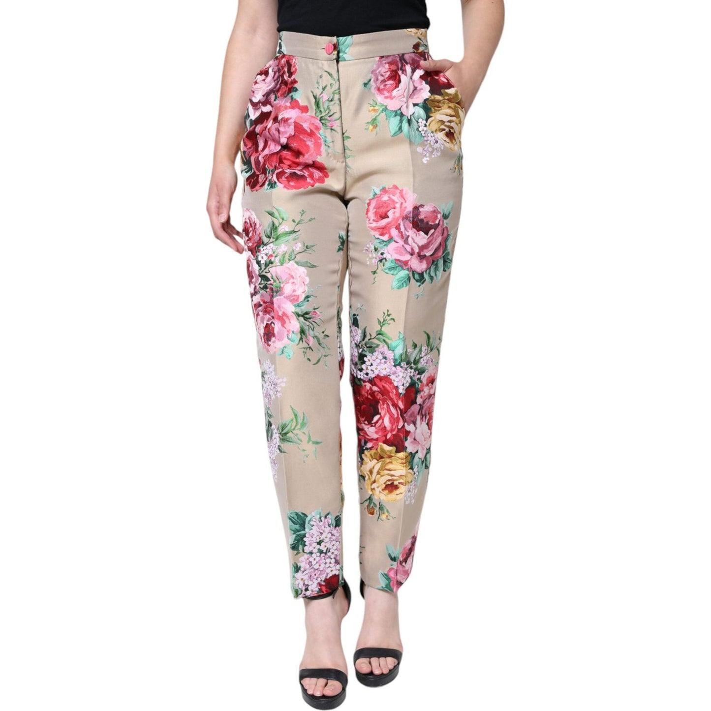 Dolce & Gabbana Beige Floral Jacquard High Waist Tapered Pants Dolce & Gabbana