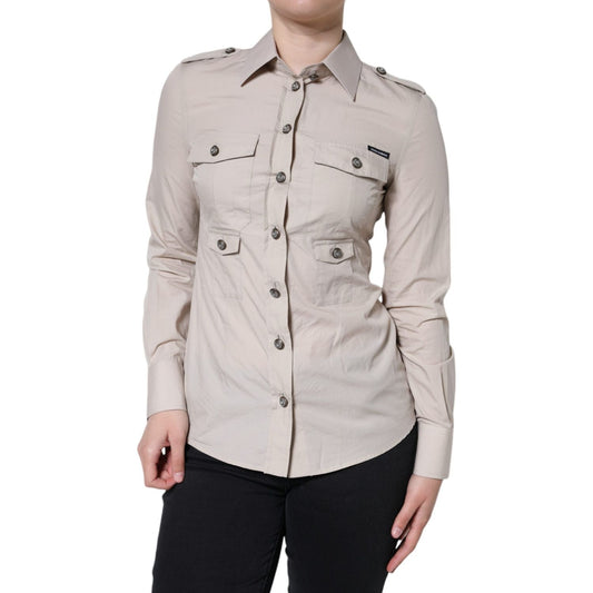 Dolce & Gabbana Beige Cotton Collared Button Down Shirt Top Dolce & Gabbana