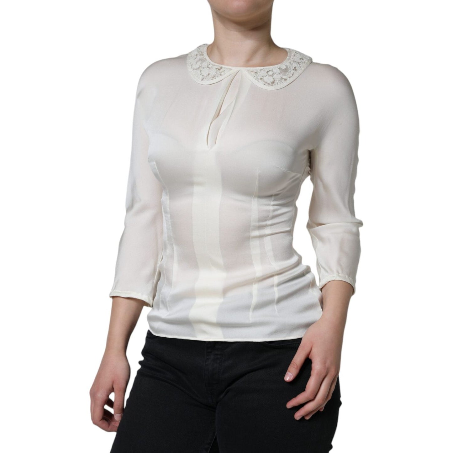 Dolce & Gabbana Off White Silk Lace Trimmed 3/4 Sleeves Blouse Top Dolce & Gabbana