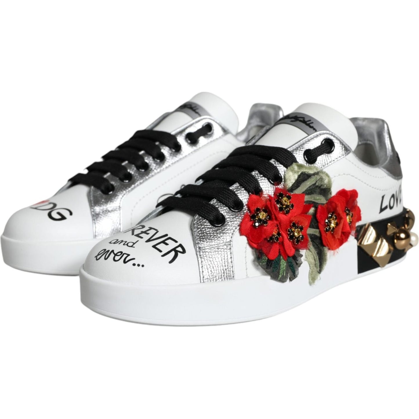 Dolce & Gabbana White Leather Floral Studded Sneakers Shoes Dolce & Gabbana