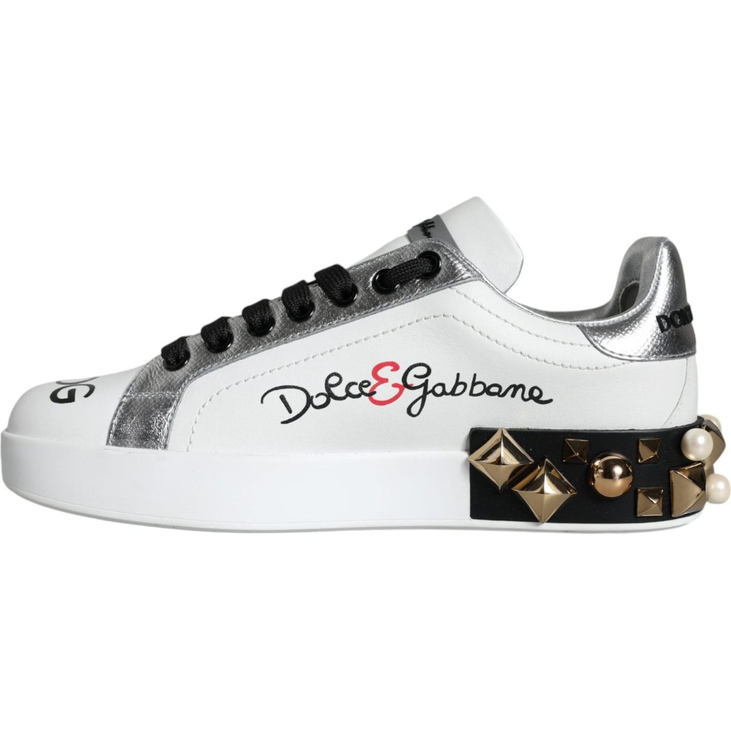 Dolce & Gabbana White Leather Floral Studded Sneakers Shoes Dolce & Gabbana