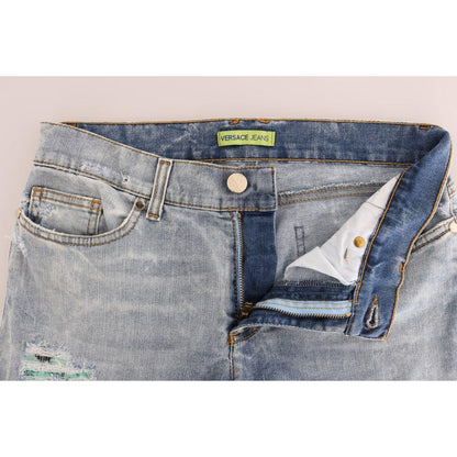 Versace Jeans Blue Wash Torn Stretch Slim Fit Jeans